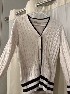LOFT Cream Cable-Knit V-Neck Cardigan with Black Trim